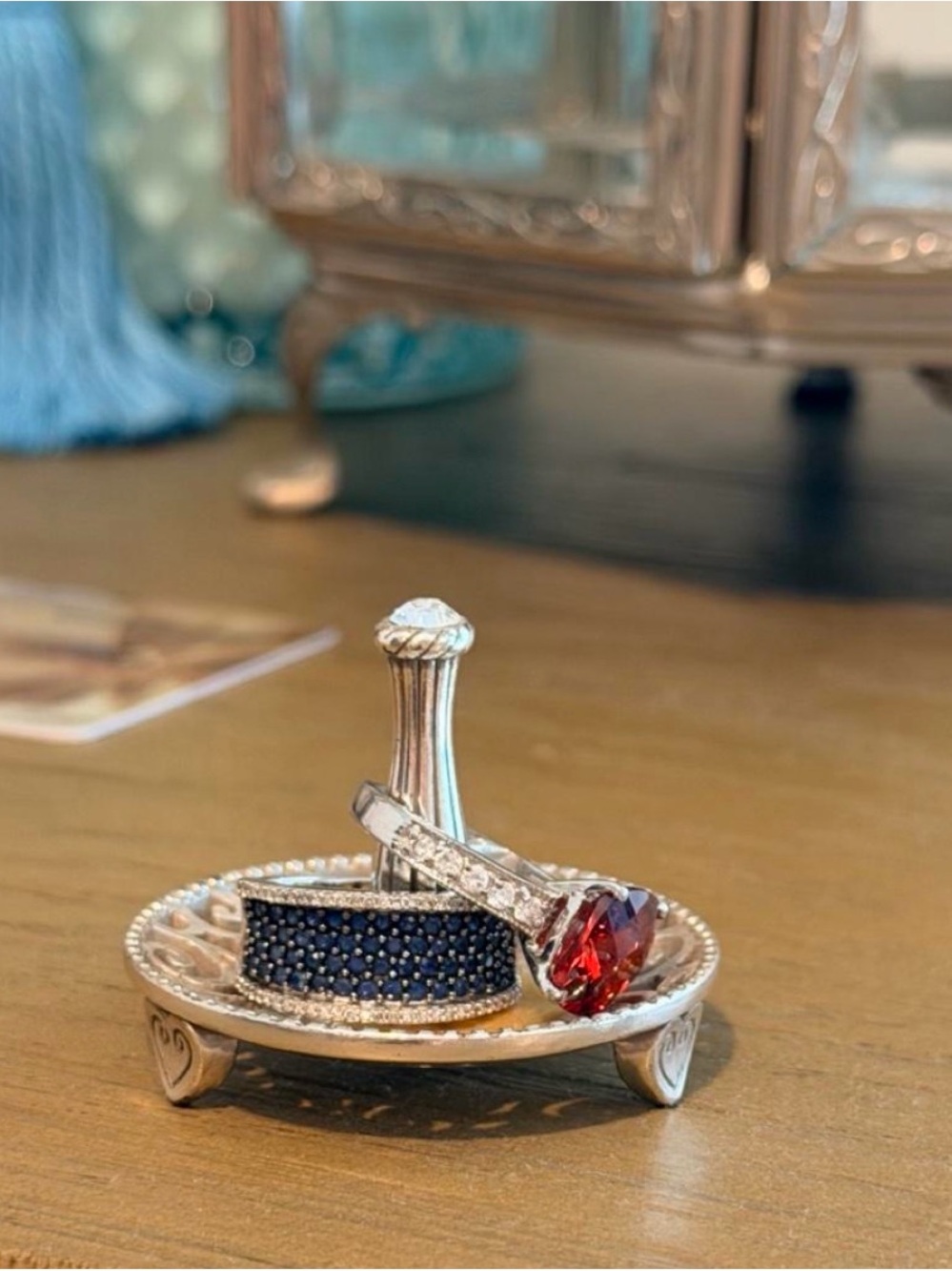 Brighton Ring Holder Crystal Top Silver Filigree Jewelry Dish Rare Vintage - Picture 4 of 7